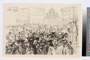 Schwarz-weiß-Zeichnung einer Demonstration mit Menschen, die vor einem hohen Gebäude schreien und gestikulieren, begleitet von Text und Farbskalen auf der rechten Seite.