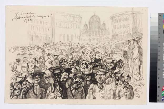 Schwarz-weiß-Zeichnung einer Demonstration mit Menschen, die vor einem hohen Gebäude schreien und gestikulieren, begleitet von Text und Farbskalen auf der rechten Seite.