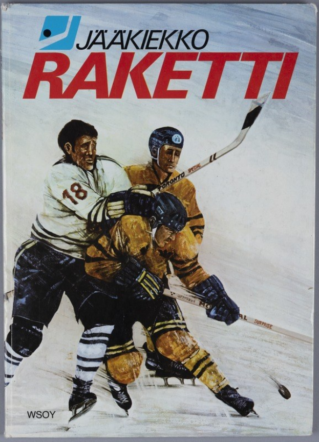 Buchumschlag mit dem Titel "Jääkiekko Raketti", der drei Personen beim Eishockeyspielen mit Eishockeyschlägern auf einer ebenen Fläche zeigt.
