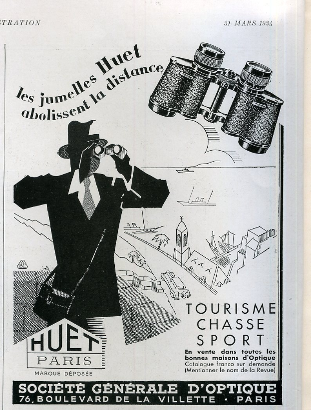 Tourismus-, Jagd- und Sportwerbung in Paris mit einem Mann in Anzug und Hut mit Fernglas