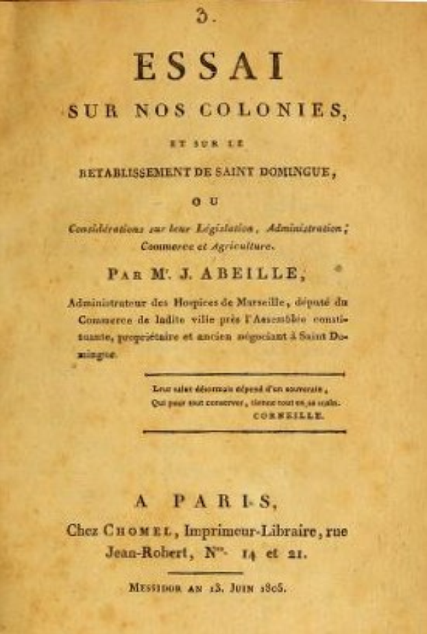 Altes Buch mit dem Titel "Essai sur nos Colonies, et sur l'Établissement de Saint Dominique", das die französische Kolonialgeschichte und -kultur diskutiert.