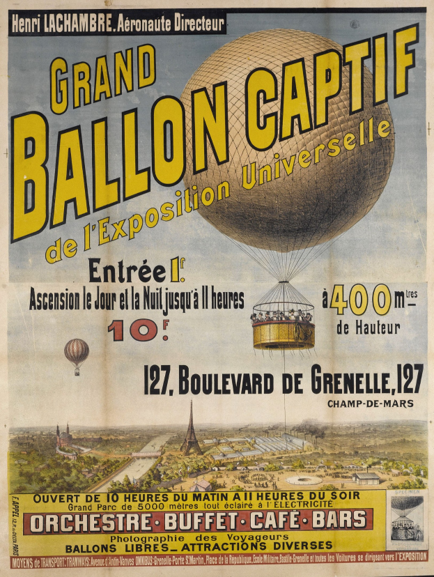 Alte Plakatwerbung für den "Großen Ballon Captif de l'Exposition Universelle" mit Illustrationen von Heißluftballons, Gebäuden, Bäumen und Himmel sowie Text mit Veranstaltungseinzelheiten.