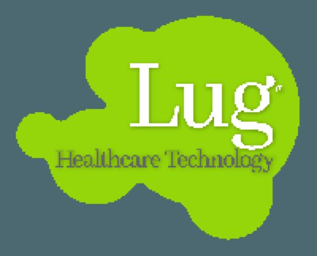 Logo von Lug Healthcare Technology, das eine fette schwarze Schrift in einem blauen und weißen Kreis auf einem weißen Hintergrund zeigt.
