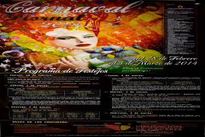 Eine Frau in einem bunten Kleid, die von dem Text "Karnevalsfest 2014" in fetter schwarzer Schrift auf einem leuchtend gelben Hintergrund umgeben ist.