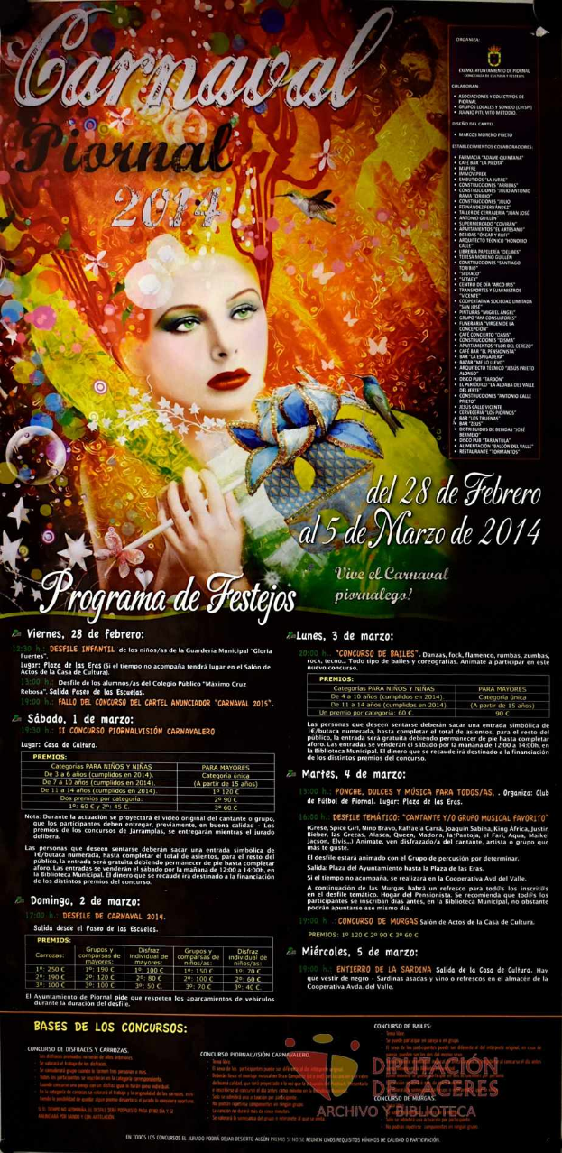 Eine Frau in einem bunten Kleid, die von dem Text "Karnevalsfest 2014" in fetter schwarzer Schrift auf einem leuchtend gelben Hintergrund umgeben ist.