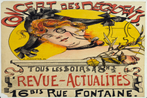 Ein Konzertplakat für die Dekadenten, das eine Frau mit einem menschlichen Gesicht und Text zeigt, der Informationen zum Event enthält.