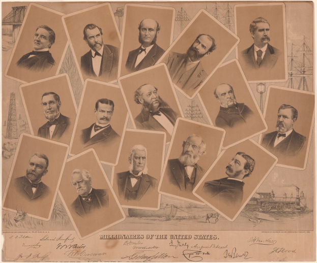 Eine Gruppe von Männern in Anzügen und Krawatten verschiedenen Alters mit der Aufschrift "Millionäre der Vereinigten Staaten" in fetter schwarzer Schrift am unteren Rand auf einem hellblauen Hintergrund.