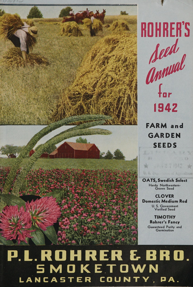 Ein Plakat für Rohrer's Saatgut-Jahrbuch 1942 mit einer bunten Blumen- und Pflanzenvielfalt, einer Person, einem Haus, Bäumen und einem klaren blauen Himmel sowie Texten über die Saatgut-Vorteile.