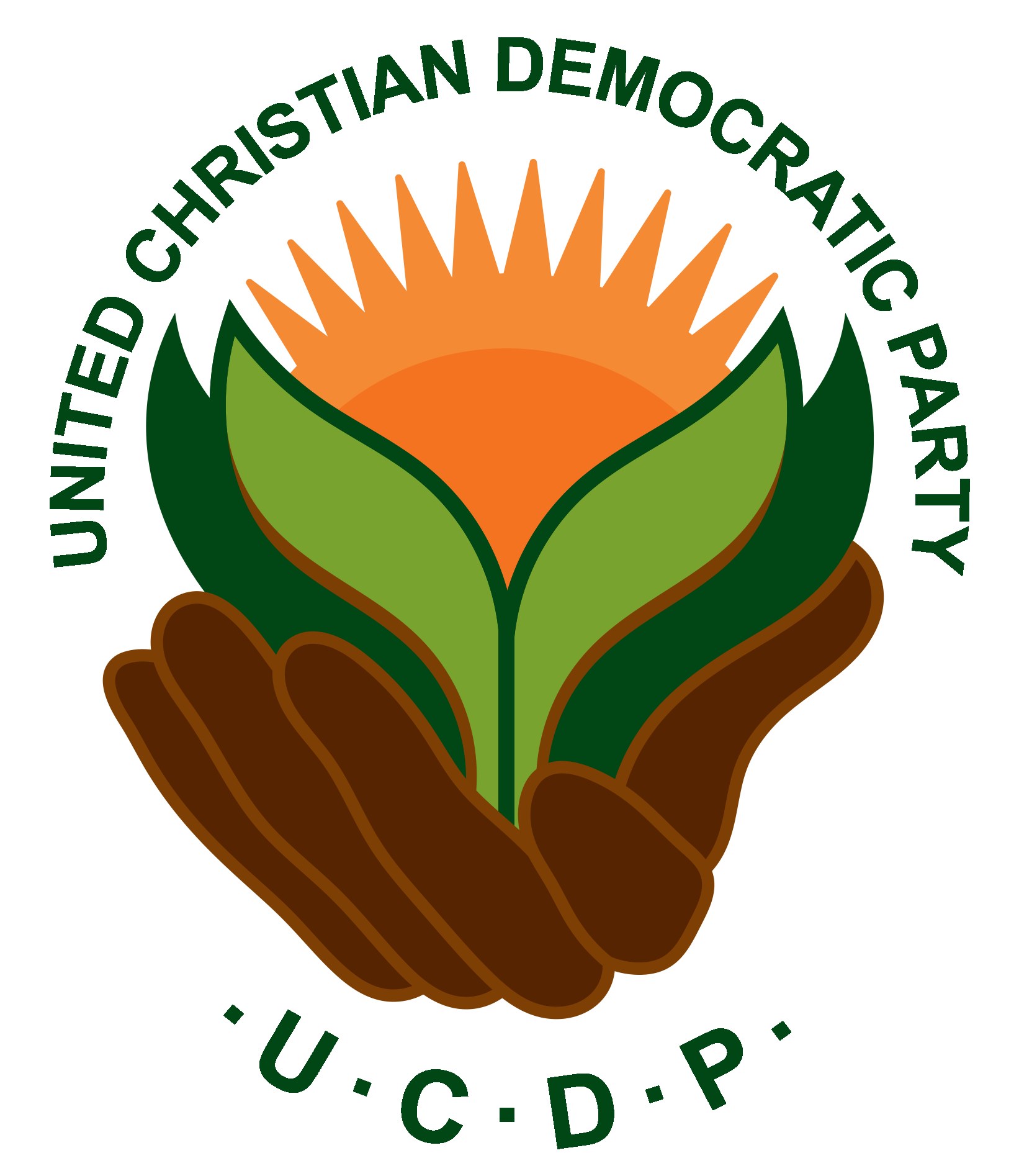 Logo der Vereinigten Christdemokraten (UCDP) mit einer Hand, die eine leuchtend gelbe Blume mit grünem Stiel und Blättern hält, vor einem weißen Hintergrund mit einem blauen und gelben Kreis in der Mitte und dem Text "UCDP" in fetter schwarzer Schrift darunter.