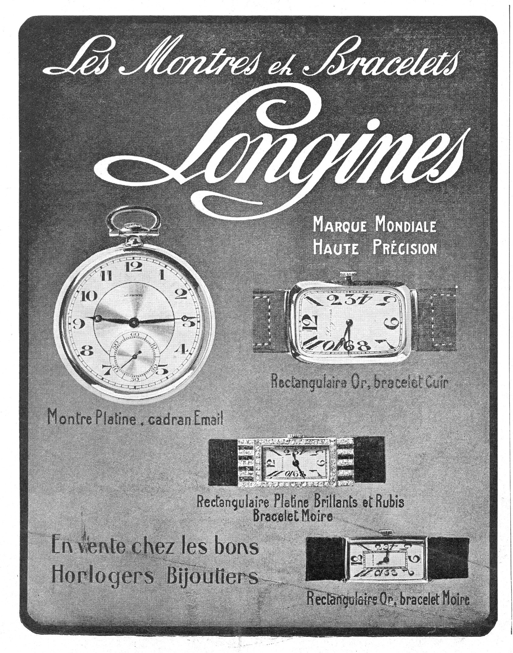 Vintage Longines-Uhren-Werbetafel aus den 1920er Jahren mit detaillierten Uhr-Illustrationen, gedämpften blauen und grauen Tönen und klassischer Typografie.