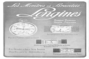 Vintage Longines-Uhren-Werbetafel aus den 1920er Jahren mit detaillierten Uhr-Illustrationen, gedämpften blauen und grauen Tönen und klassischer Typografie.
