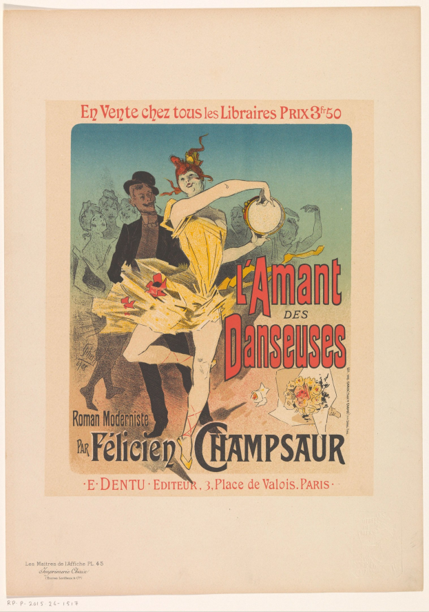 Plakat für eine Tanzshow in Paris mit einem Mann, der ein Musikinstrument spielt und einer Frau, die tanzt, mit Textwerbung für das Ereignis.