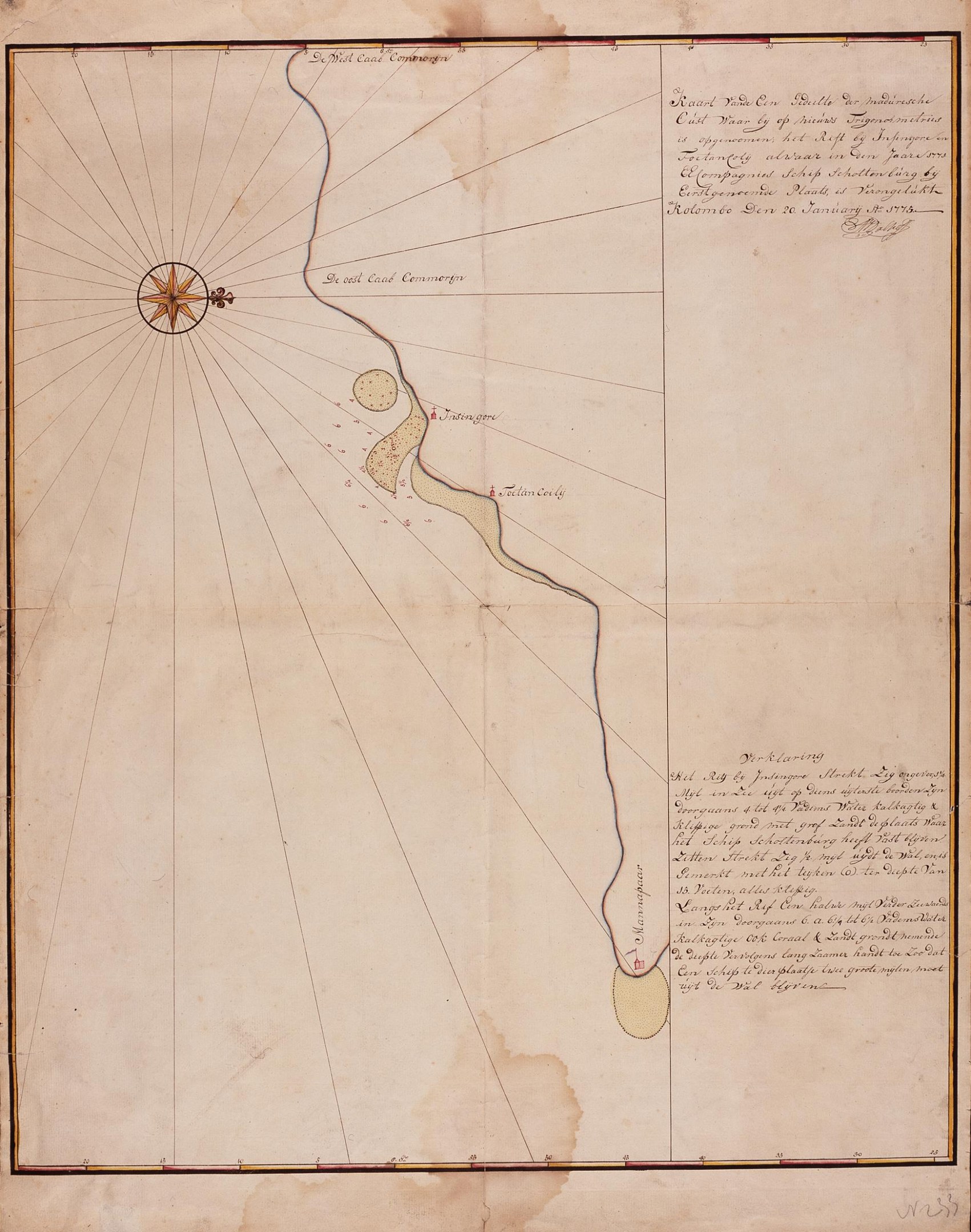 Eine handgezeichnete Karte eines Gewässers mit beschrifteten geografischen Merkmalen und begleitendem Text.