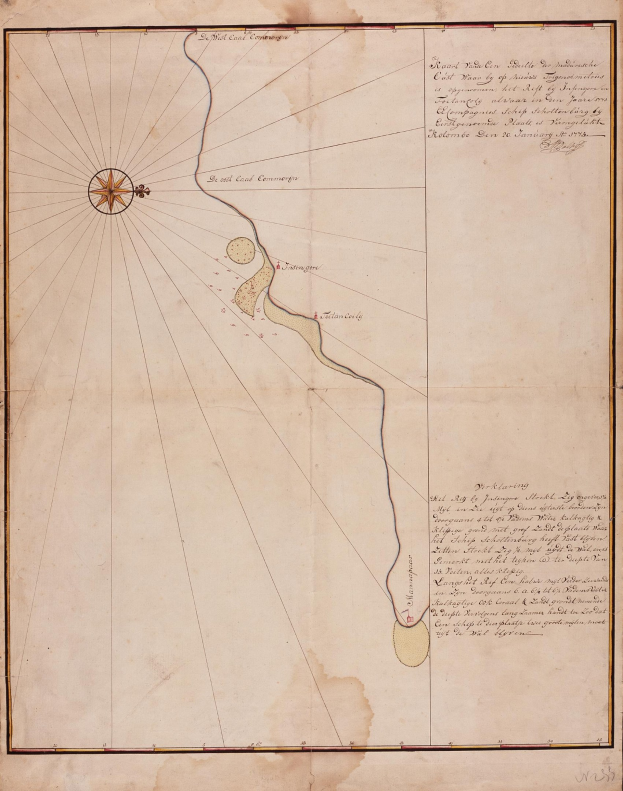 Eine handgezeichnete Karte eines Gewässers mit beschrifteten geografischen Merkmalen und begleitendem Text.