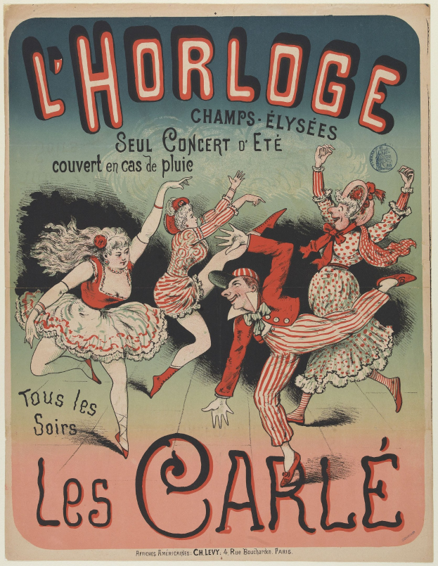 Ein lebendiger Konzertplakat für ein Event im Chorlage in Paris, das eine Gruppe fröhlicher Tänzer in bunten Kostümen vor einem hellgelben Hintergrund zeigt.