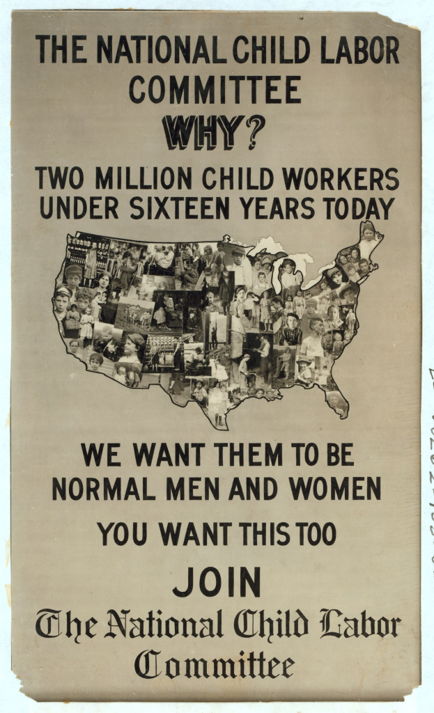 Plakat mit der Aufschrift "Das Nationale Komitee zur Bekämpfung der Kinderarbeit: Warum? Zweieinhalb Millionen Kinderarbeiter unter sechzehn Jahren heute" mit einer USA-Karte und mehreren menschlichen Gesichtern.