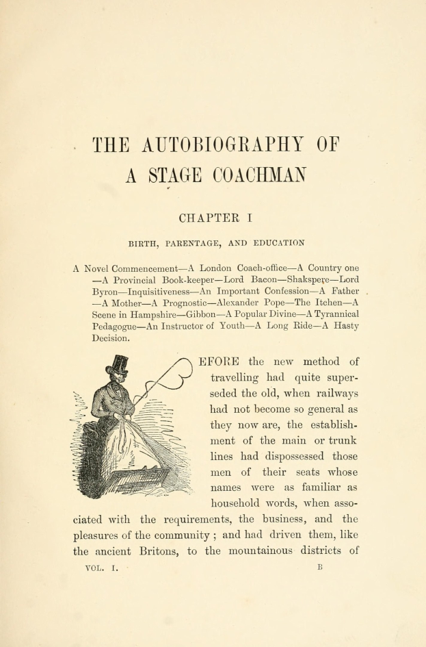 Offenes Buch mit dem Titel "Die Autobiografie eines Kutschers" mit einer Zeichnung eines strengen Kutschers in Anzug und Hut, der einen Stab und ein Buch hält.