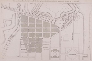Alte Karte von Amsterdam, Niederlande, mit Plänen für Nybolder, Toldbolder und Frederikkepladen mit handschriftlichen Textanmerkungen.