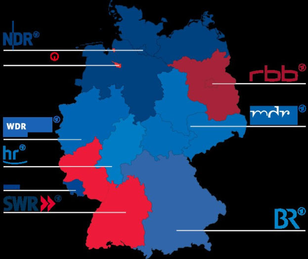 Karte von Deutschland mit roten und blauen Provinzen, die die Ergebnisse der Wahl 2016 anzeigen, einschließlich der Namen der Kandidaten und des Wahltermins.