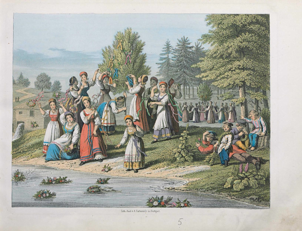 Gruppe von Menschen in traditioneller ungarischer Kleidung neben einem Fluss mit Grünfläche, Bäumen und einem Gebäude im Hintergrund; Text unten lautet 'Litauischer Folkloretanz'.