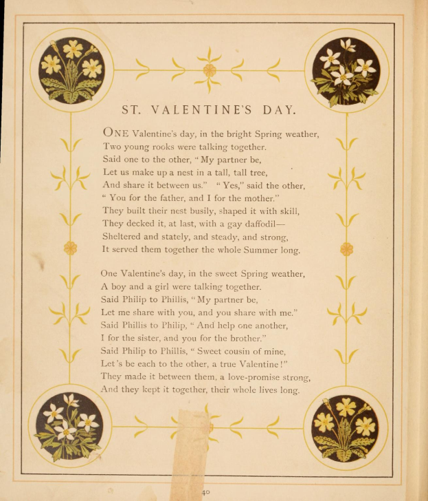 Ein aufgeschlagenes Buch mit einem Gedicht namens "St. Valentinstag" von Philip Phillips, umgeben von einem dekorativen Blumenrand.