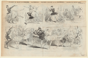 Ein Buchseite mit einer lebendigen Zeichnung einer Gruppe von Menschen, die im Einklang tanzen, begleitet von Text, der das Datum, die Uhrzeit und den Ort beschreibt.