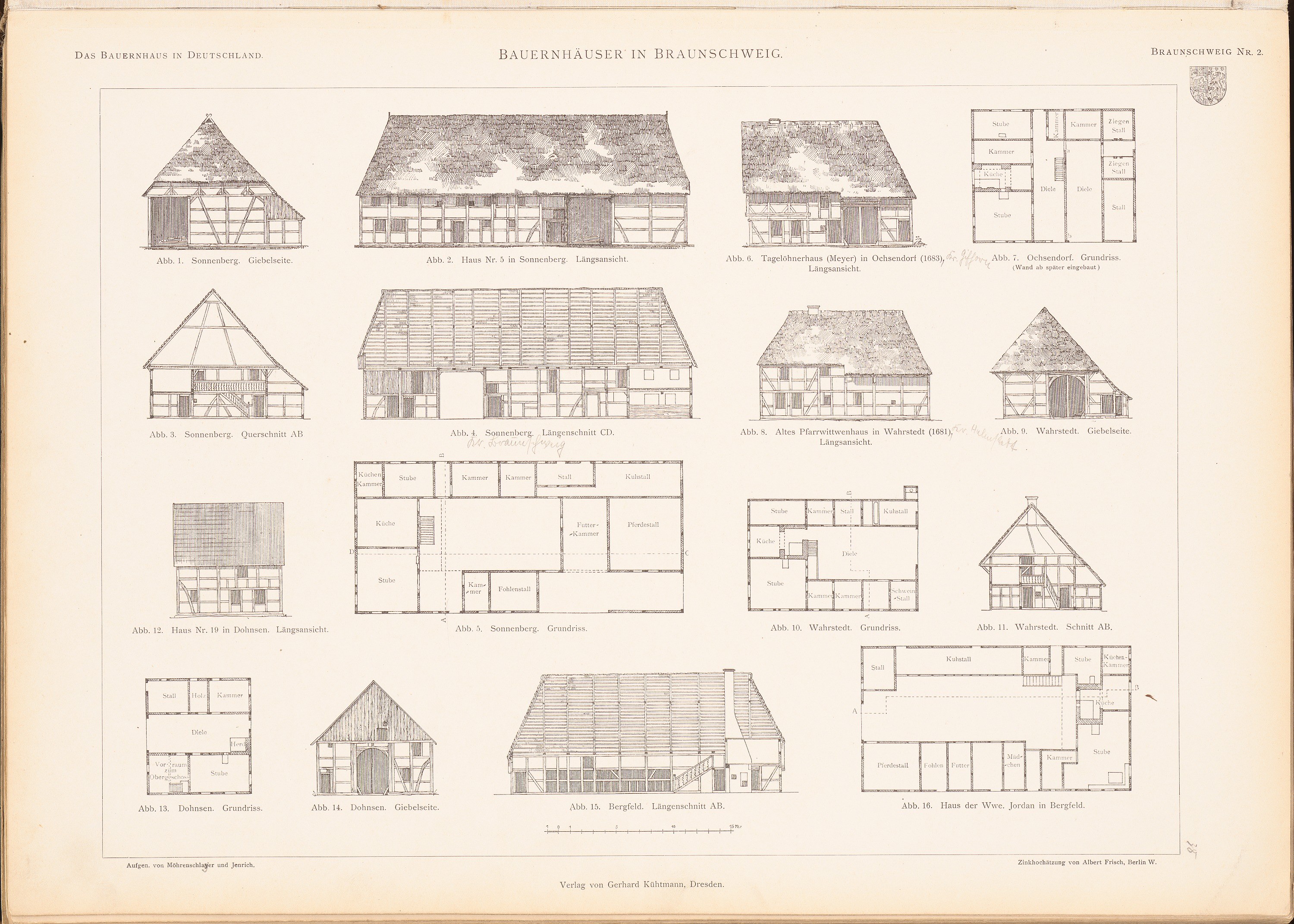 Ein offenes altes Buch, das detaillierte architecturpläne und -zeichnungen verschiedener Hausentwürfe zeigt.