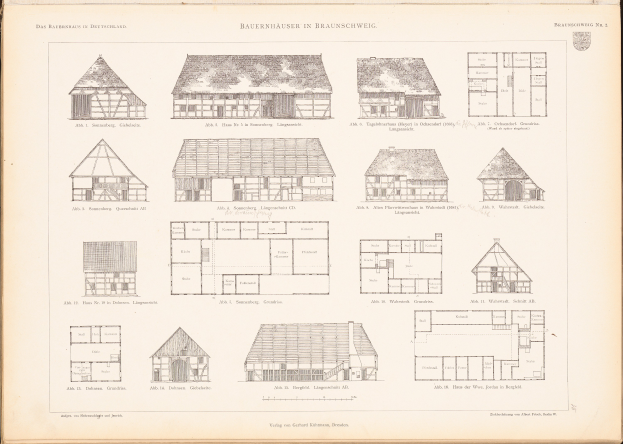 Ein offenes altes Buch, das detaillierte architecturpläne und -zeichnungen verschiedener Hausentwürfe zeigt.