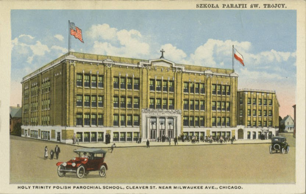 Plakat der Heiligen Dreifaltigkeit Polnischen Pfarrschule in Cleveland, Ohio, zeigt ein Gebäude mit Fenstern, Menschen, Fahrzeugen, Flaggen und einem bewölkten Himmel, mit Text unten.