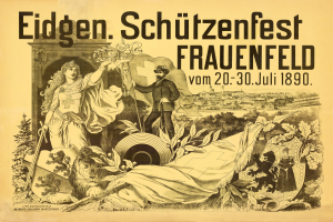 Ein Vintage-Plakat für das Eidgen Schützenfest in Frauenfeld, Deutschland, das einen Mann im Anzug und eine Frau in einem Kleid zeigt, die nebeneinander stehen, mit Details zum Event darauf.