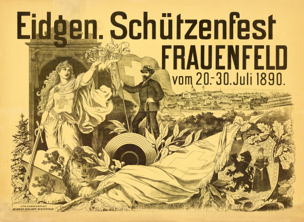 Ein Vintage-Plakat für das Eidgen Schützenfest in Frauenfeld, Deutschland, das einen Mann im Anzug und eine Frau in einem Kleid zeigt, die nebeneinander stehen, mit Details zum Event darauf.