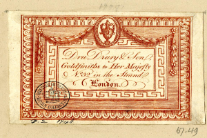 Eine alte britische Banknote mit einem roten und weißen Design, auf der sich Text und ein Stempel befinden, der darauf hinweist, dass es sich um eine Anleihe handelt.