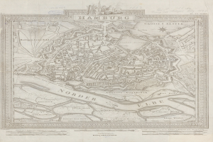 Alte Hamburg-Karte, Deutschland, auf Papier gedruckt, zeigt Straßen und Sehenswürdigkeiten mit klassischem Erscheinungsbild.