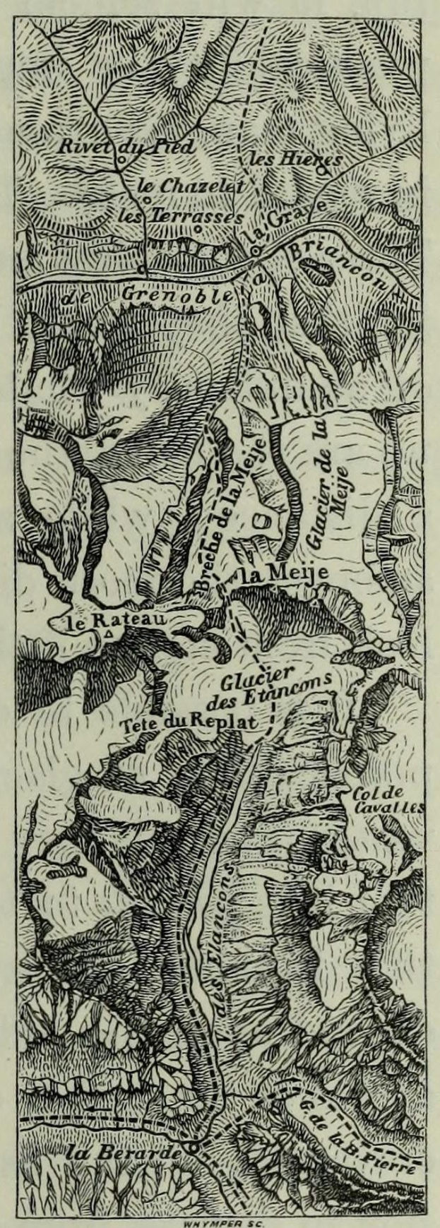 Schwarze und weiße topografische Karte des Rheins mit beschrifteten geographischen Merkmalen und Höhenangaben.