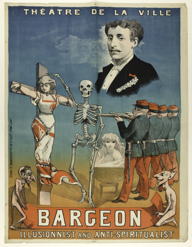 Plakat für das Théâtre de la Ville in Paris mit einem Skelett mit ausgestreckten Armen, umgeben von aufgeregten Menschen und fetter Schrift, die "Bargeon Illusionist und Anti-Spiritualist" lautet.