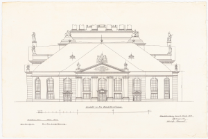 Eine detaillierte Zeichnung der Schlosshof-Fassade in Dresden, Deutschland, mit zahlreichen Fenstern und Statuen, skizziert auf Papier mit begleitendem Text.