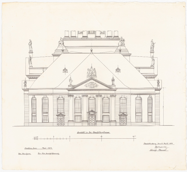 Eine detaillierte Zeichnung der Schlosshof-Fassade in Dresden, Deutschland, mit zahlreichen Fenstern und Statuen, skizziert auf Papier mit begleitendem Text.