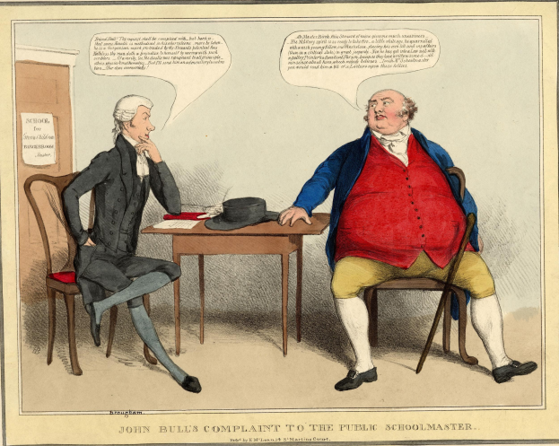 John Bull sitzt einem Mann gegenüber an einem Tisch mit Hut und Papieren in einem Raum mit einer Tür und einem Papier an der Wand.