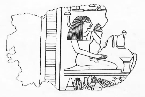 Eine ägyptische Frau sitzt auf einem Thron und blickt friedlich, bekleidet mit traditioneller Kopfbedeckung und Schmuck, die Hände vor der Brust verschränkt.