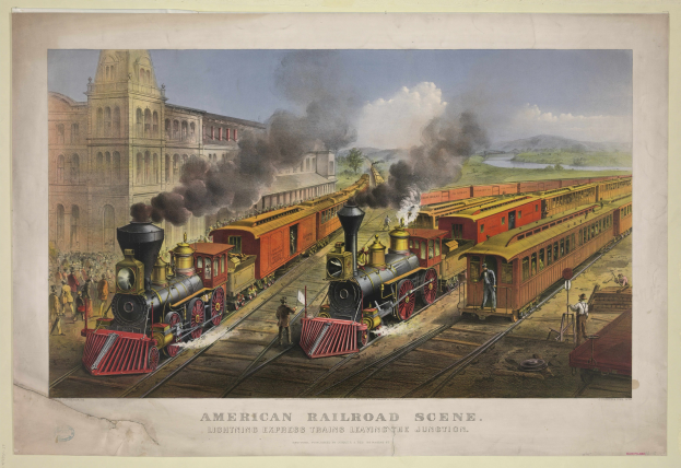 Amerikanische Eisenbahnszene mit einem Zug auf Schienen, Menschen, Gebäuden, Rauch, Hügeln und Himmel; Text unten lautet "Lightning Express Trains Leaving the Junction".