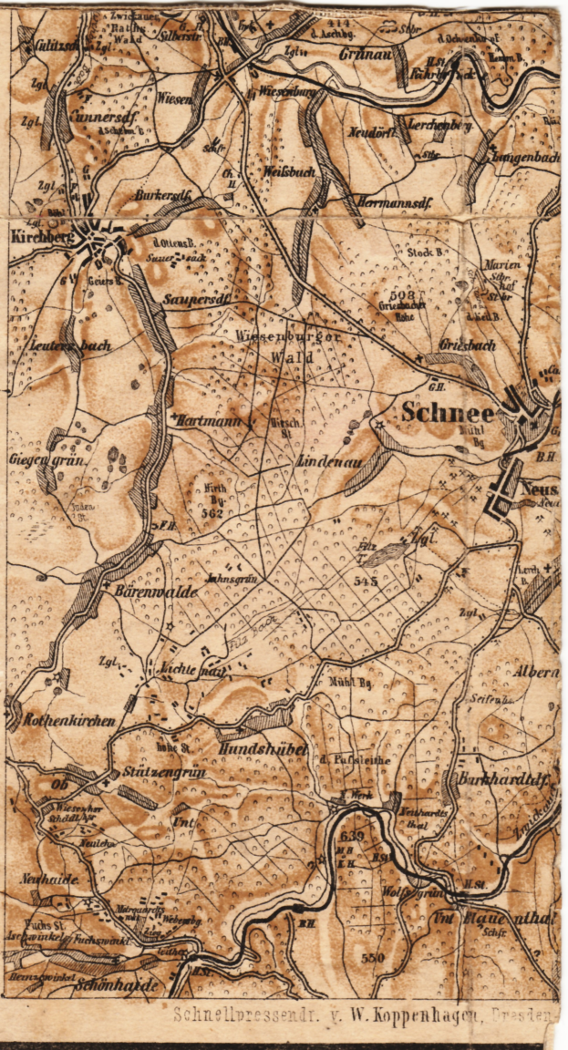 Ein detaillierter alter Stadtplan von Schnee, Deutschland, der Straßen, Gebäude und Sehenswürdigkeiten mit Textanmerkungen zeigt.
