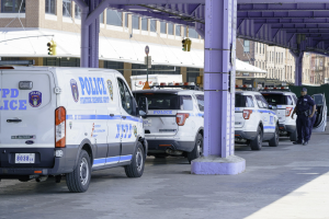 Polizeifahrzeuge auf einer Straße in der Stadt geparkt mit einer Person in der Nähe, Gebäude und eine Brücke im Hintergrund.