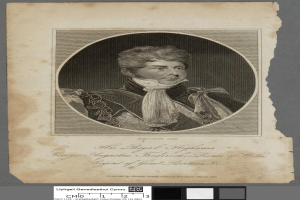 Porträt von George Augustus Frederick, Prinz von Wales, in einem schwarzen und weißen Kleid mit Text unten.