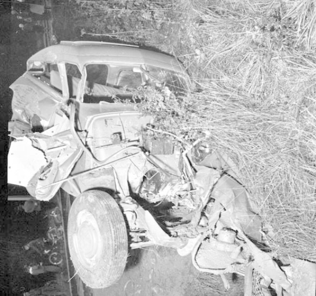 Schwer beschädigte schwarze Limousine mit eingedellter Front und zersplitterten Fenstern am Straßenrand, Baum im Hintergrund, verstreute Trümmer.