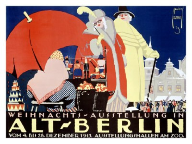 Plakat, das eine Weihnachtsausstellung in altem Berlin ankündigt, mit einer bunten Illustration von Menschen, Gebäuden und Gegenständen und dem Text "Weihnachtsausstellung in Alt-Berlin" oben.