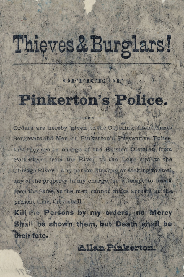 Plakat mit fetter schwarzer Schrift "Diebe & Einbrecher Pinkertons Polizei" auf weißem Hintergrund, von einem dünnen schwarzen Rand umrahmt.